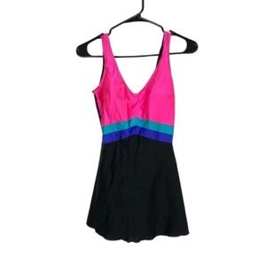 Vintage color block one piece swim suit built in bra retro